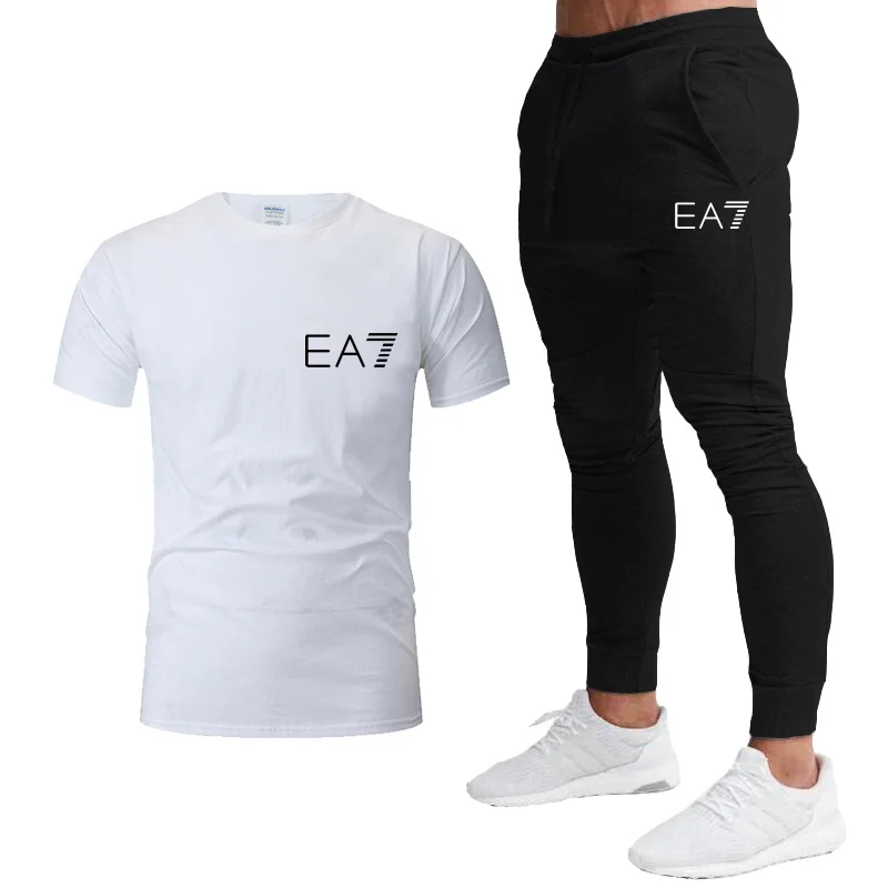 

2021 new MEN EA7 Men's T-shirt 2 Piece Men's Sportswear Short Sleeve + Pullover Pants Casual Sportswear Mens Clothing