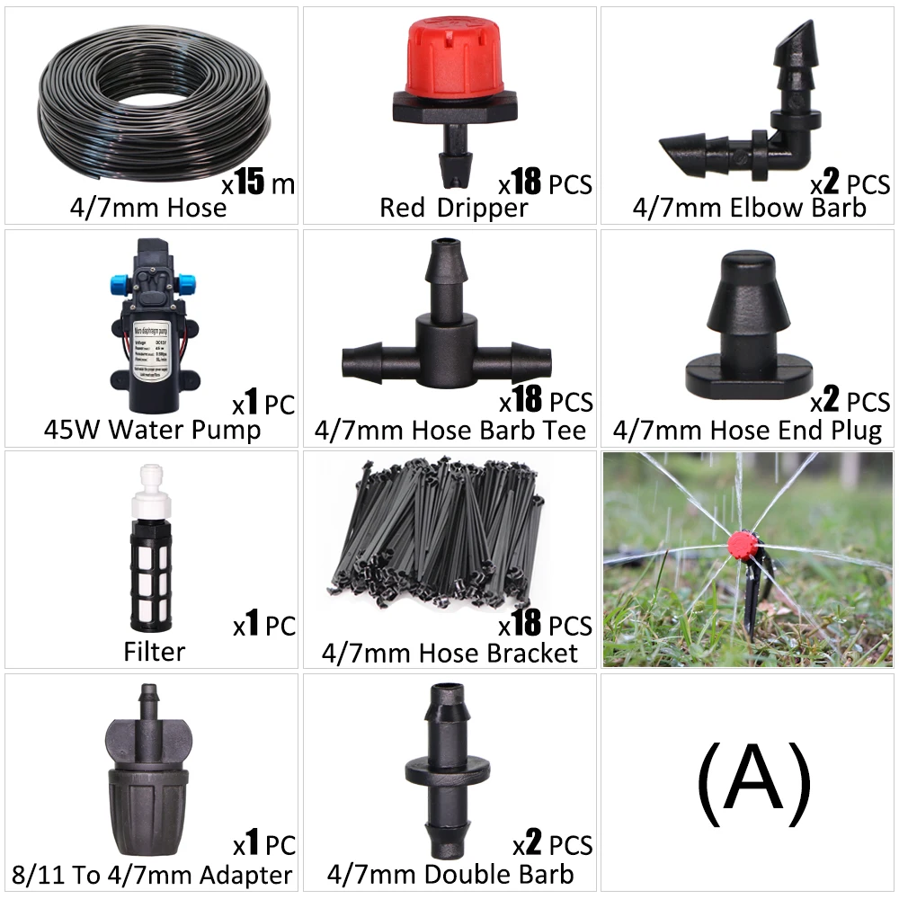 

45W Water Pump Garden Drip Irrigation Kit 1/4'' Hose Automatic Watering Device Potted Plant Flowers Without Water Source Spray