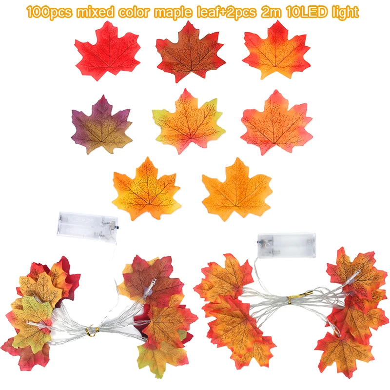 

100 mixed color maple leaves with 2M 10LED Artificial Autumn Maple Leaves Garland set Led Fairy Lights for Christmas Decoration