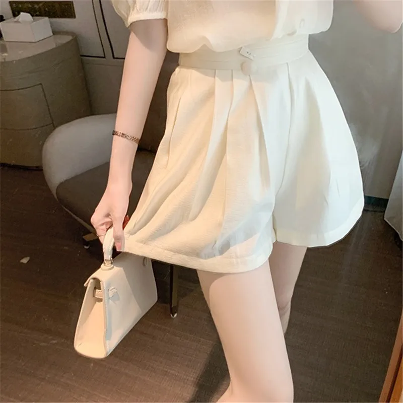 

CBAFU solid vintage summer 2 piece set women short sleeve tops chiffon blouse wide legs shorts suit loose female set retro M316