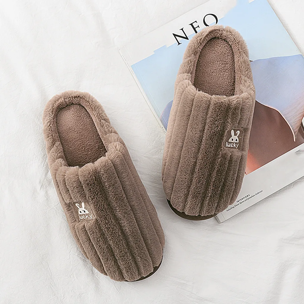 Мужские домашние тапочки теплые Нескользящие с кроличьим мехом для пар спальни #