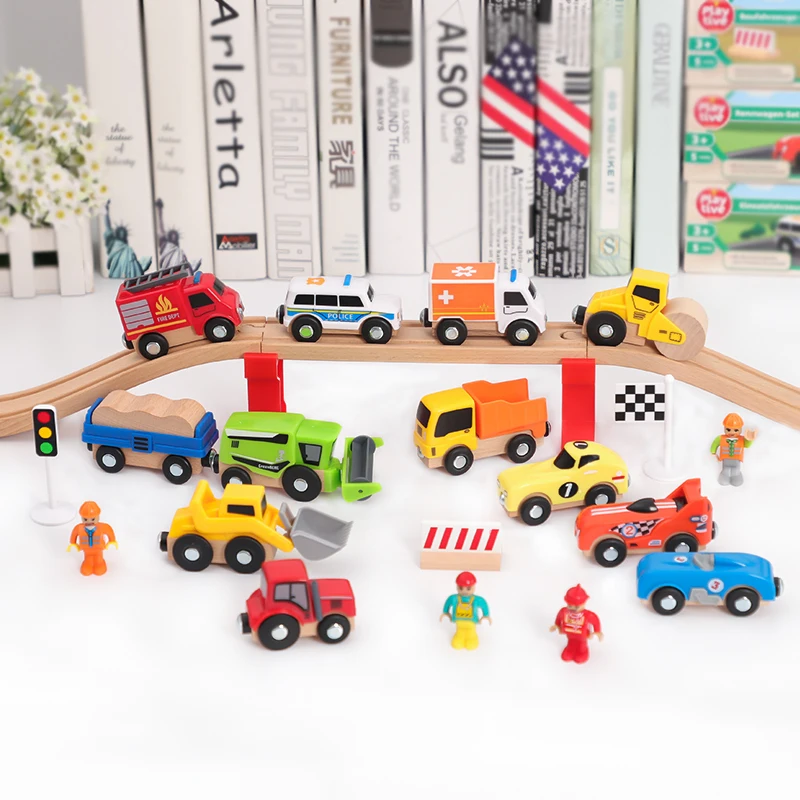

Children's wooden track scene set city racing wood toy engineering construction fire rescue simulation boy track toy gifts