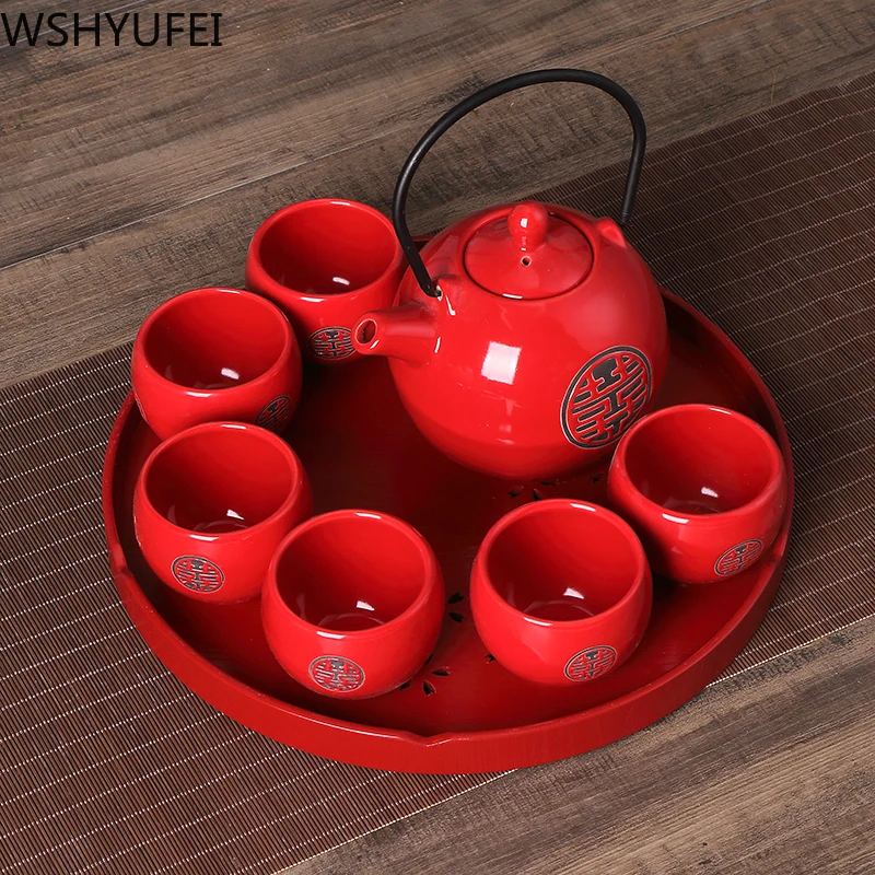 Chinese traditional wedding ceramic tea set Red Double Happiness Teapot Newlywed Gift Home Tea Set Accessories WSHYUFEI