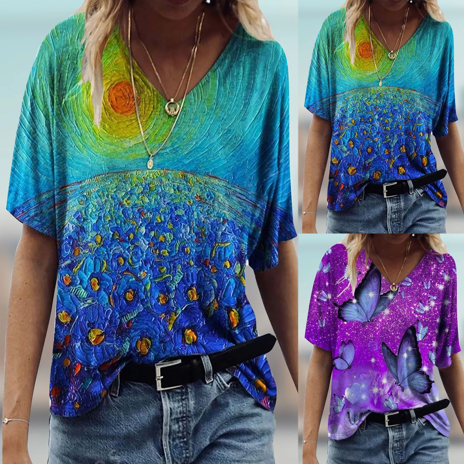 

Print T-shirt Ladies Fashion V-neck Short Casual Pullover Sleeve Painting Women's Blouse
