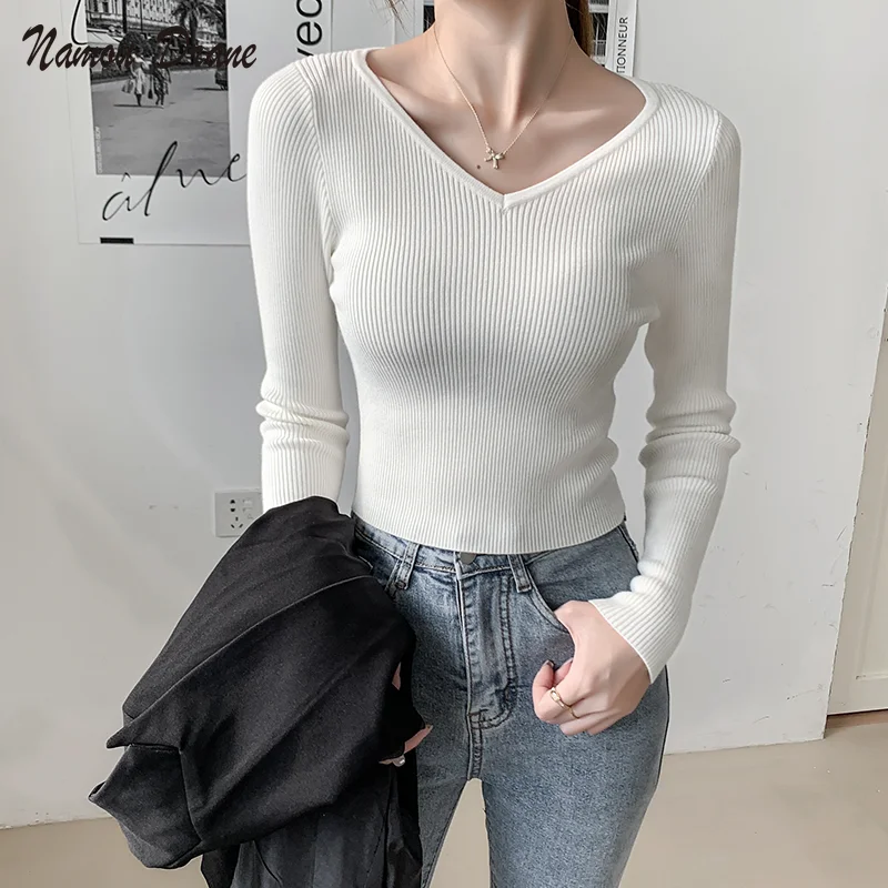 

Осень/Зима 2021 Новый стиль V-образный вырез однотонная трикотажная нижняя рубашка с коротким длинным рукавом корейский стиль Топ с женским т...