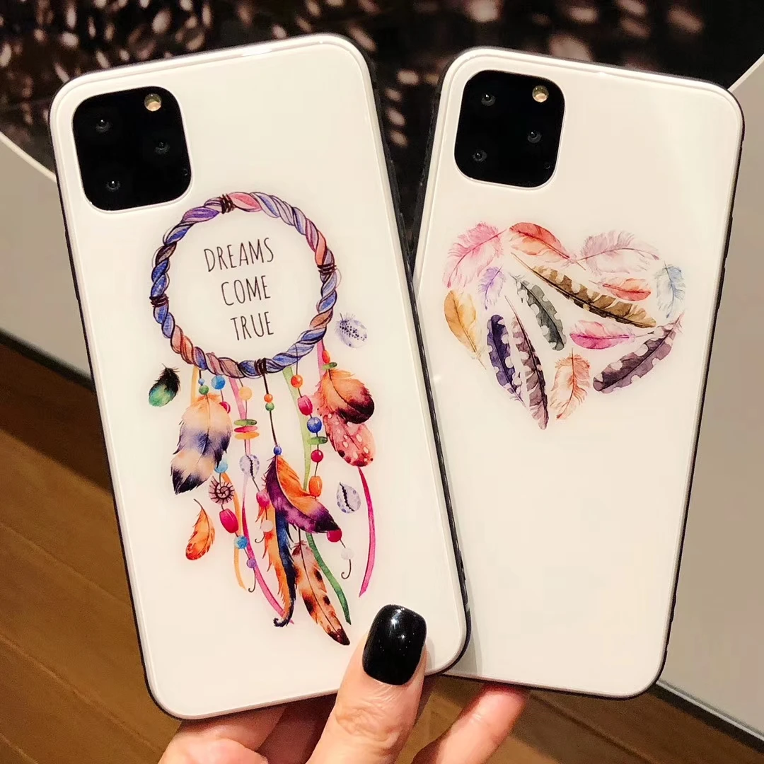 Роскошный красочный чехол из закаленного стекла для телефона для iphone 7 8 6 6s Plus XS Max XR X Ловец снов перо Глянцевая стеклянная крышка для телефона F