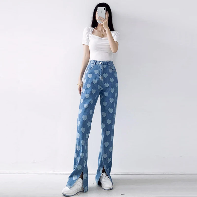 

Jeans Women Summer Trousers Female Harajuku Love Printing Loose High Waist Wide Leg Pants Vintage Washed Split Straight Cowboy