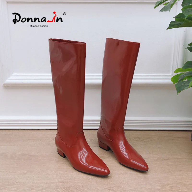 

Donna-in 2021 New Autumn Patent Leather Knee High Boots Women Fashion Pointed Toe Low Heel Western Boots Wide Shaft Slip-on Shoe