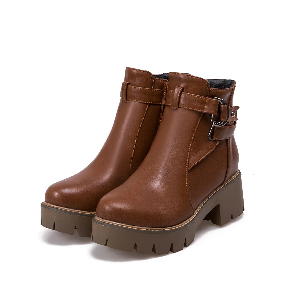 

Женские ботильоны на массивном каблуке, коричневые водонепроницаемые мотоциклетные ботинки из искусственной кожи на платформе, для зимы, ...