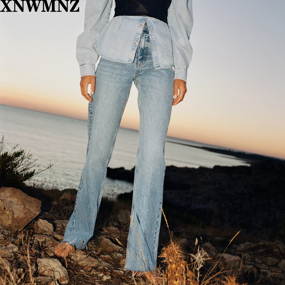 

XNWMNZ Za women 2020 Fashion hi-rise wide-leg full length jeans Vintage Female Chic High-waist jeans faded effect seamless hems