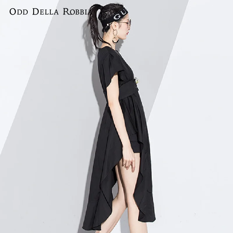 

OddDellaRobbia Fashion Short Sleeves Waistband Irregular Stitching Ruffles Hem Slits Waist Slimming Beach Dress Long Skirt 469