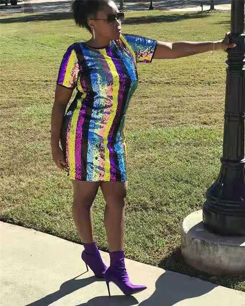 Разноцветное Радужное платье с пайетками женское сексуальное коротким рукавом