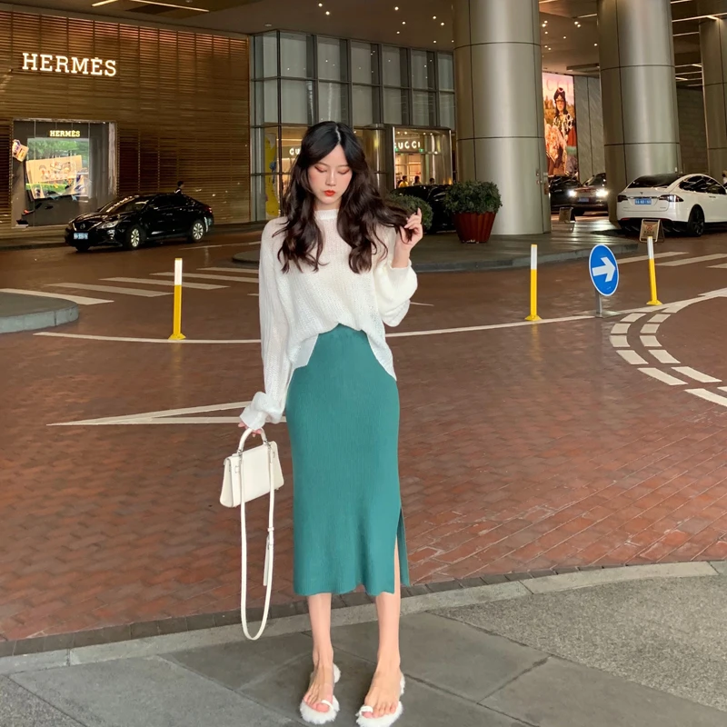 Юбка с высокой талией зимняя миди длинная осенняя разрезом однотонная до колена