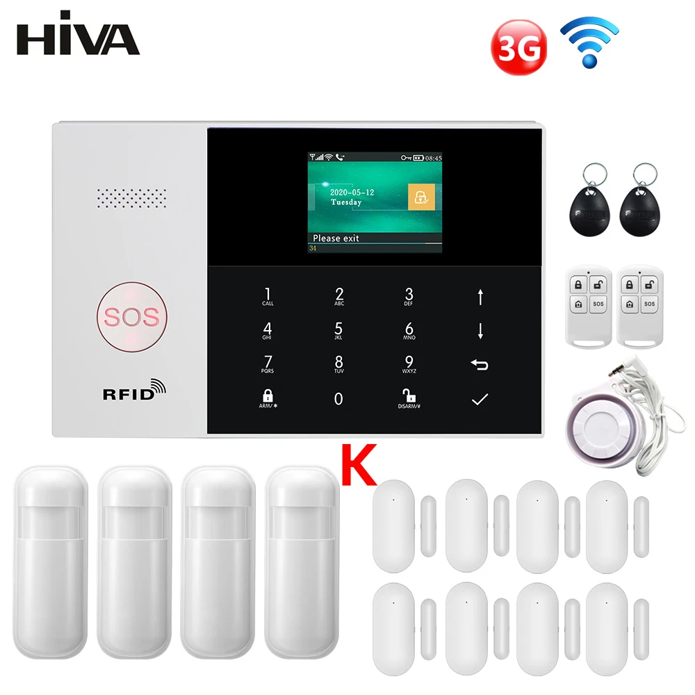 HIVA 3G Wifi Alarm System 433MHz Home Burglar Security with Motion Sensors Remote Control 11 Languages Wireless Alarm System Kit
