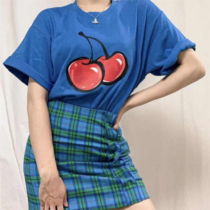 

New Summer Korean Girl Cute Women T Shirt Academy Style Cherry Print Short Sleeve Vintage T-Shirt Top