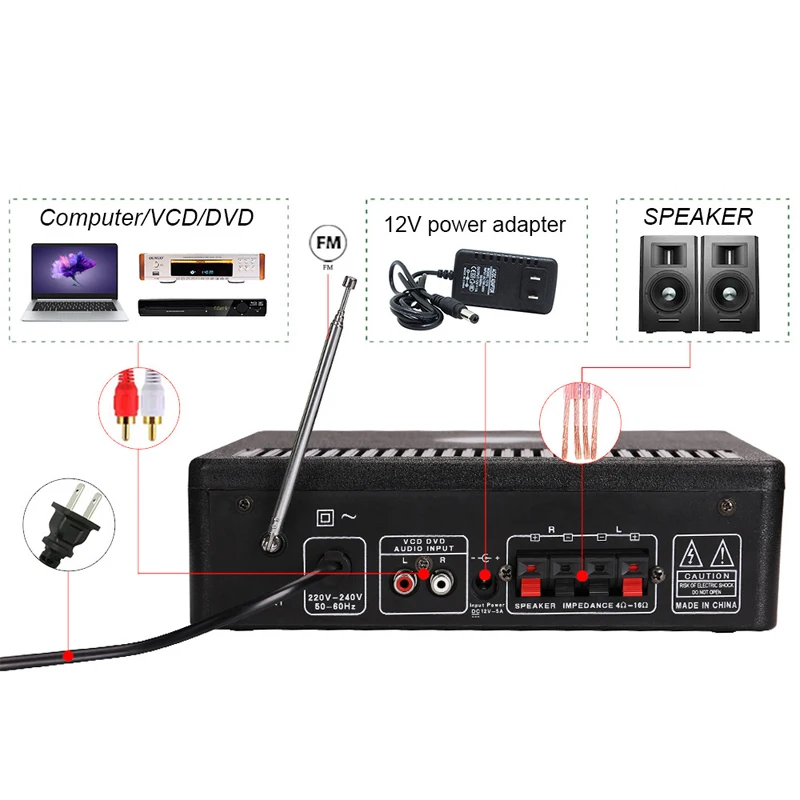 FM-радио mp3-плеер 2*60 Вт аудио Bluetooth-совместимый усилитель мощности стерео