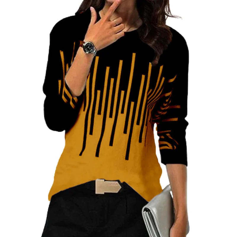 

Loose Casual O-Neck Tops for Women Spring Autumn New Color Matching Long Sleeve T-shirts Femme Fashion Geometric Striped Tees