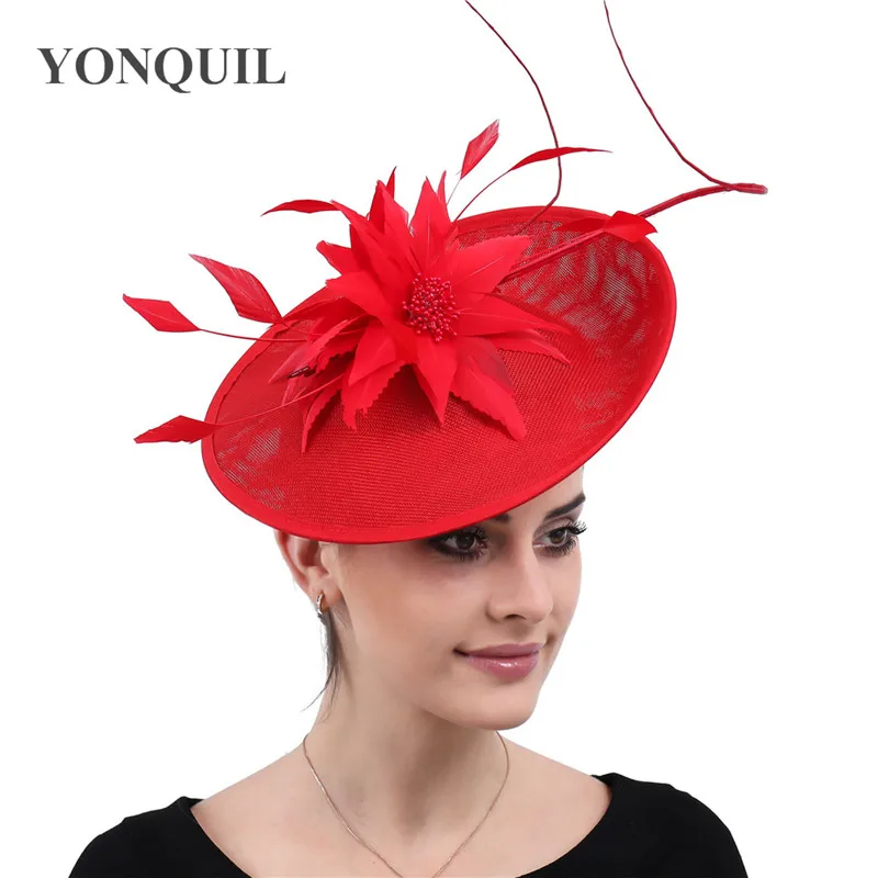 

Red Feathers Hair Accessories Big Fascinators Church Hats Women Wedding Headwear Bridal Ladies Party Tea Elegant Race Headpiece