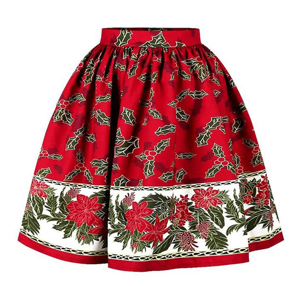 Vintage Flared A-Line Skirt Women Elastic High Waist Christmas Print Pleated Midi XMAS Retro Party Swing Skirts Womens | Женская одежда