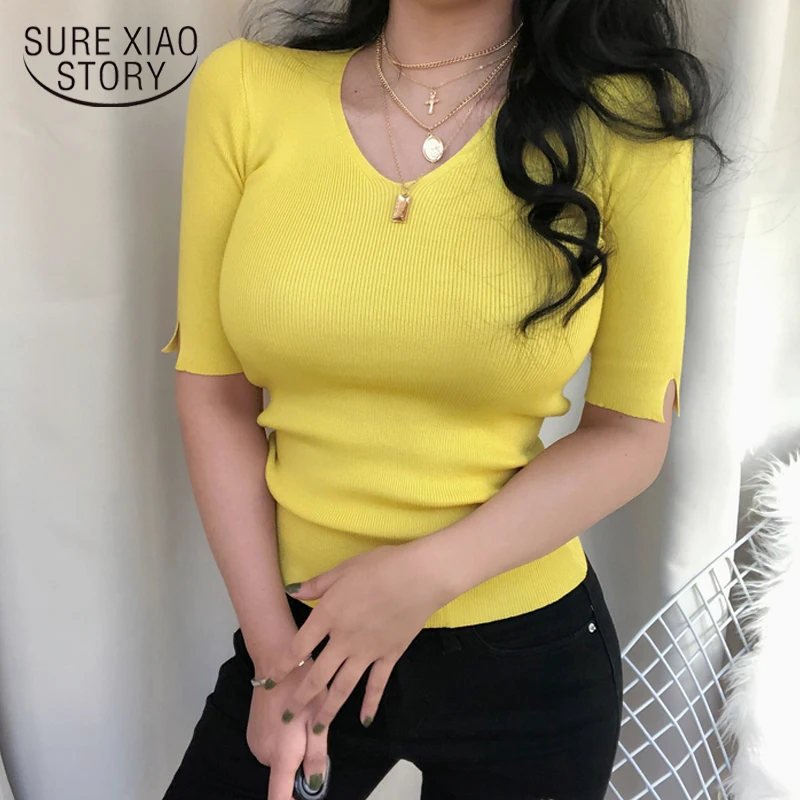 Женский эластичный трикотажный пуловер однотонный облегающий джемпер с