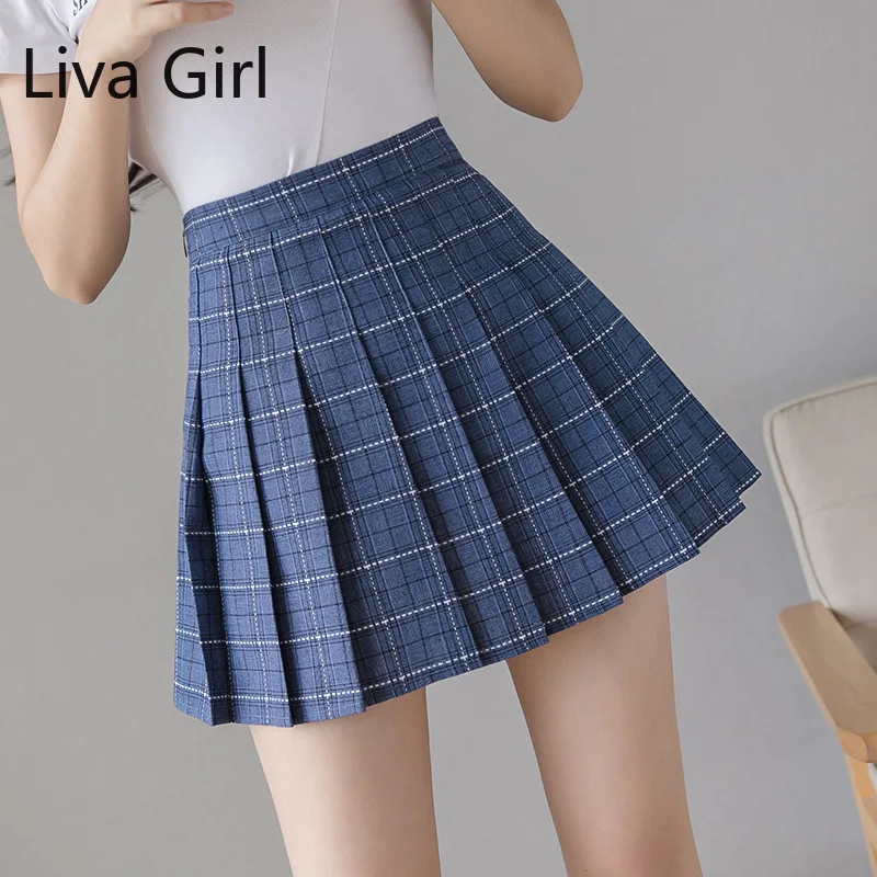 

Клетчатая юбка женская консервативный стиль, хлопковое Летнее мини-юбки в Корейском стиле; Сезон осень трапециевидной формы со складками О...
