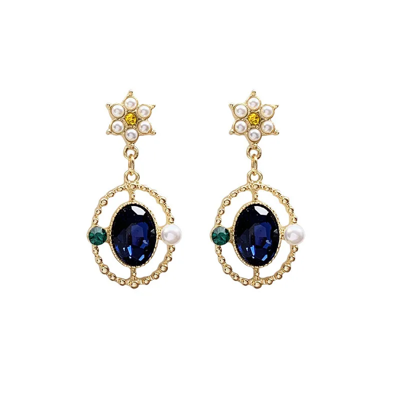 

2020 New Korean Vintage Earrings For Women Palace Style Blue Stone Earrings With Pearl Flower Simple Earrings Fashion Jewelry