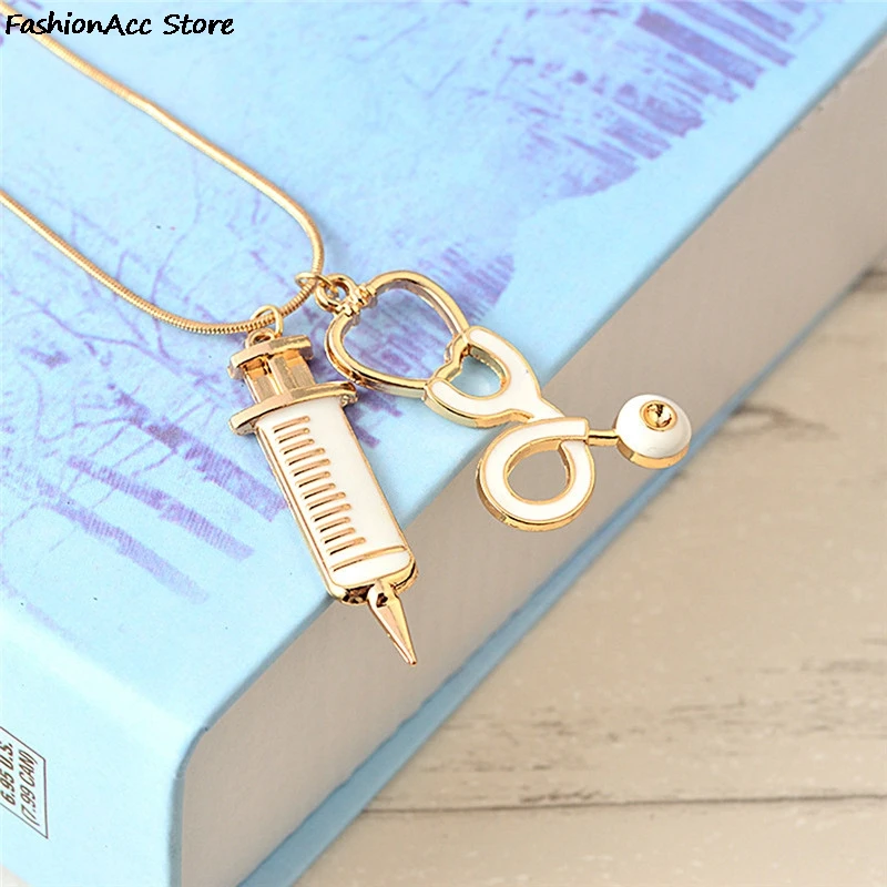 1Pc Medical Stethoscope Syringe Pendant Necklace Snake Chain Needle Metal Alloy For Women Nurses Jewelry Gifts | Украшения и