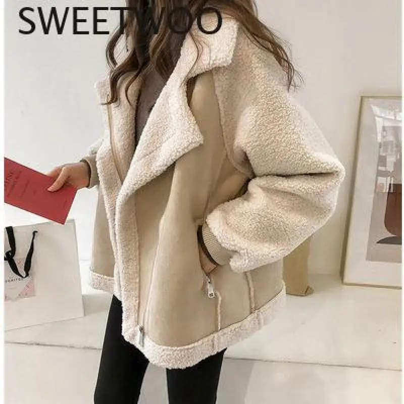 New Women Winter Faux Fur Suede Jackets Coat Thicken Warm Lambs Wool Teddy Coats Ladies Loose Oversized Outwear Tops 2022