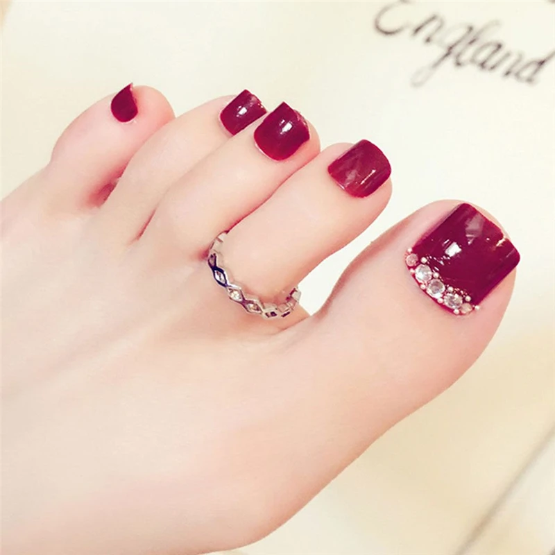 

24 Pieces Red Rhinestone Art Tips Full Cover False Toe Fake Nail Manicure Tools false nails nail tips
