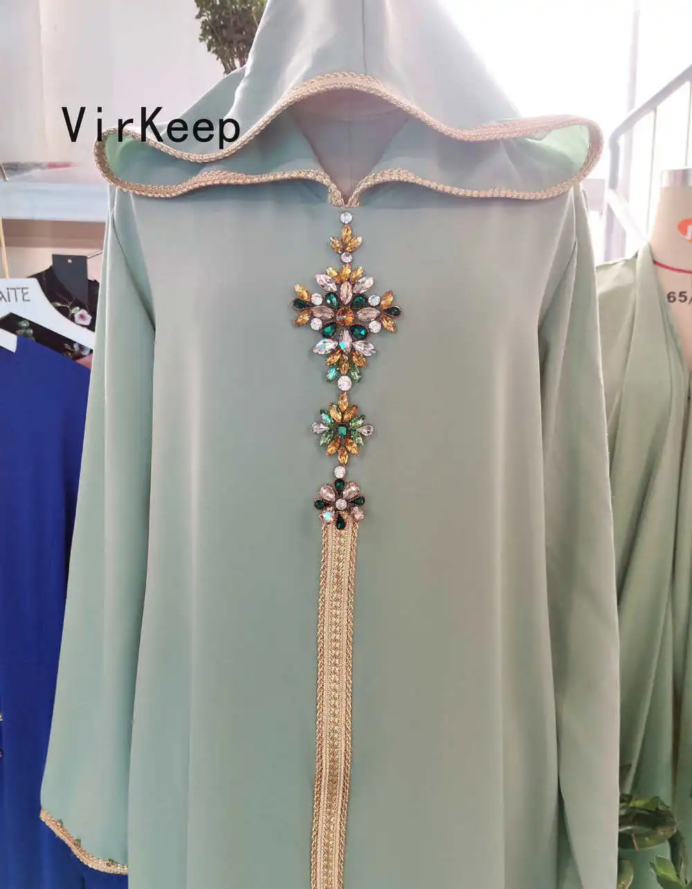 

women diamonds decorated hooded dress fashion muslim abaya dubai kimono ramadan robe kaftan hijab femme gown plus size VKDR2477