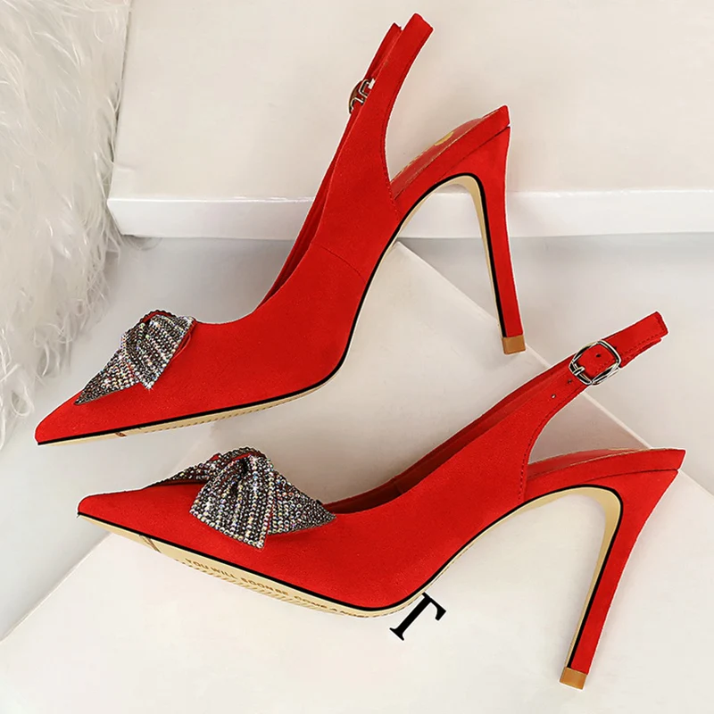 

Women 9.5cm High Heels Slingback Fetish Pumps Lady Scarpins Wedding Bridal Stripper Glitter Crystal Heels Prom Red Shoes
