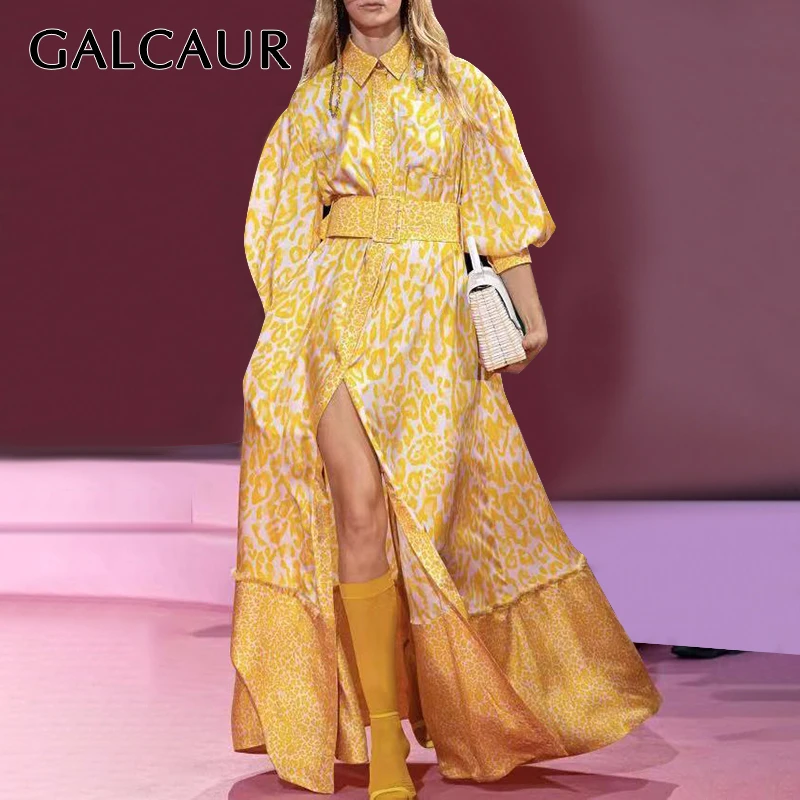 GALCAUR платье с леопардовым принтом для женщин воротник лацканами рукав-фонарик