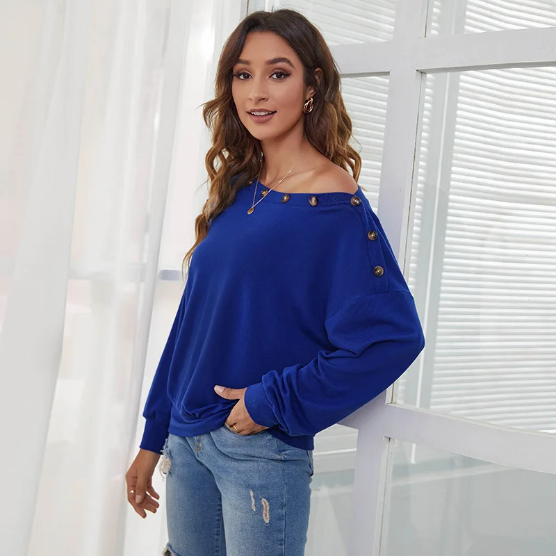 

2021 Autumn and Winter New T-shirt Round Neck Button Strapless Casual Loose Patchwork Pullover Solid Colour A Shoulder Top