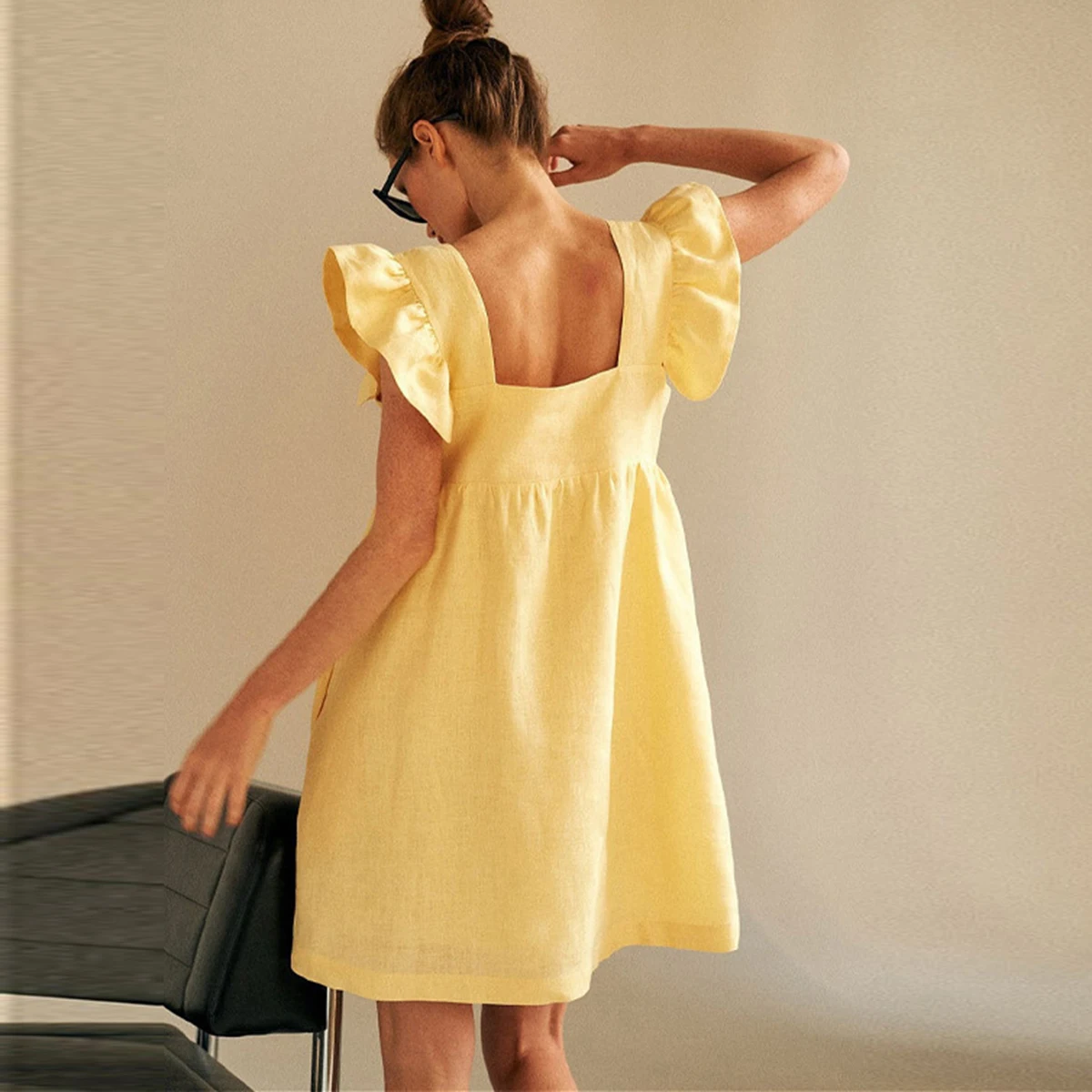 

Square Collar Ruffle Sleeve Mini Sweet Dress Woman Backless High Waist Loose Linen Solid Dress 2021 Summer Boho Dresses