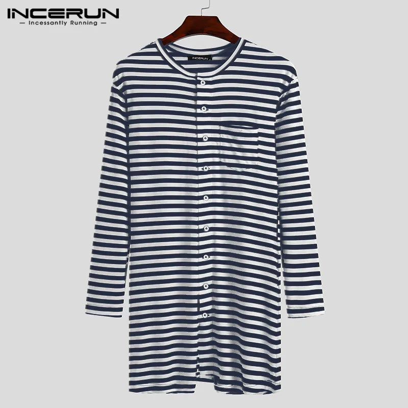 

INCERUN Для мужчин полосатый комбинезон пижамы с длинными рукавами и круглым вырезом комбинезон Ночная рубашка комбинезон с пуговицами Домашн...