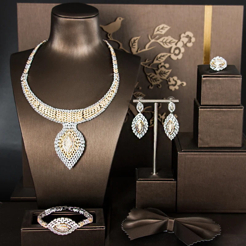 Dazz New Luxury 4PCS Big Dangle Africa Collar Jewelry Set Women's Wedding Full AAA Zircon Dubai Bridal Sets Gifts 2019 | Украшения и