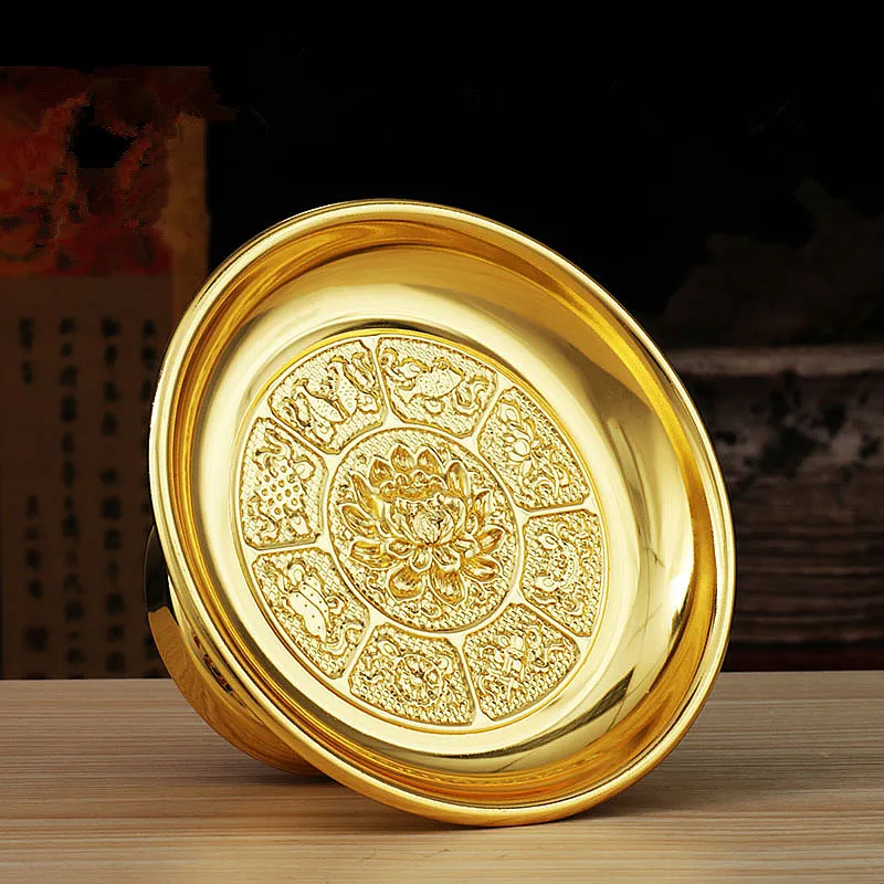 12cm Alloy Metal Plating Gold Tibetan Buddhist Eight Auspicious Symbol Sacrificed Fruits Temple Decorate Putting Plate Craft | Дом и сад
