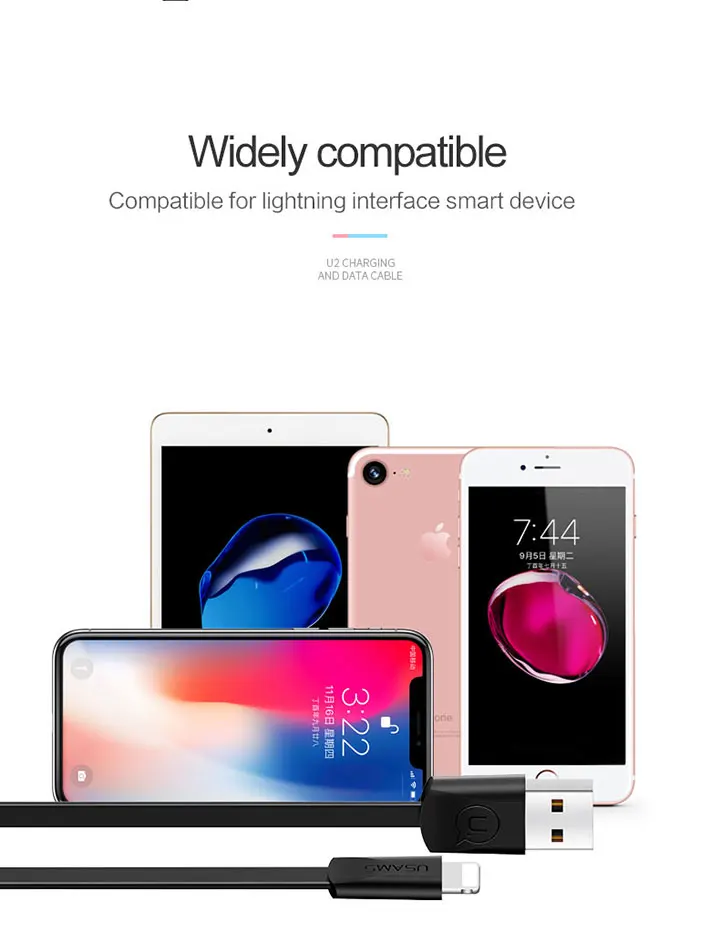 10 шт./партия Usb кабель для iPhone 7, USAMS 2A кабель для быстрой зарядки для iPhone X 8 7 6 USB Дата кабель светильник usb кабель для синхронизации данных