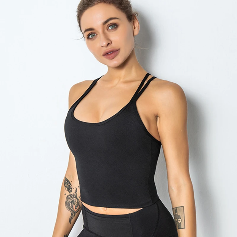 

Womens Padded Sports Bra Fitness Workout Running Camisole Crop Top with Built in Bra Stretch Sweat-wicking Gym Brassiere