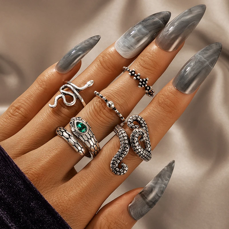 5pcs/Set Bohemia Retro Punk Snake Ring For Men Women Geometry Antique Siver Color Fashion Adjustable Rings