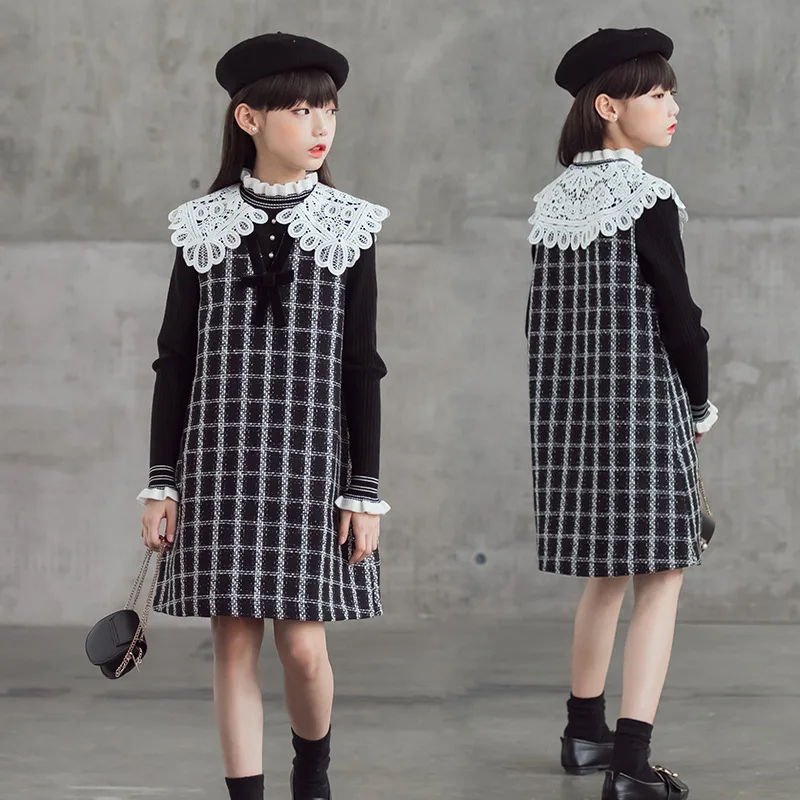 

New Retro Big Girl Clothing Set Girls Spring Autumn Outfits Tee + Plaid Dress 2pcs Kids Clothes Girls Long Sleeve Costume CL472