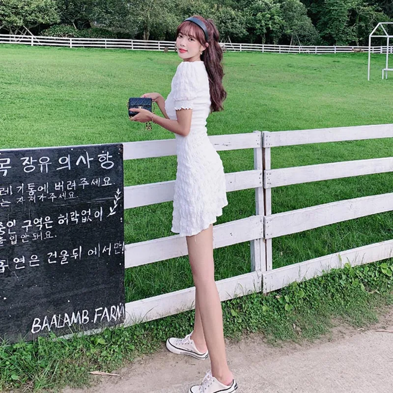 

One-Piece 2021 New Korean Style Summer Women'S Dress French V-Neck Puff Sleeve Temperament Dress Elegant Slim Waist Sweet Dress