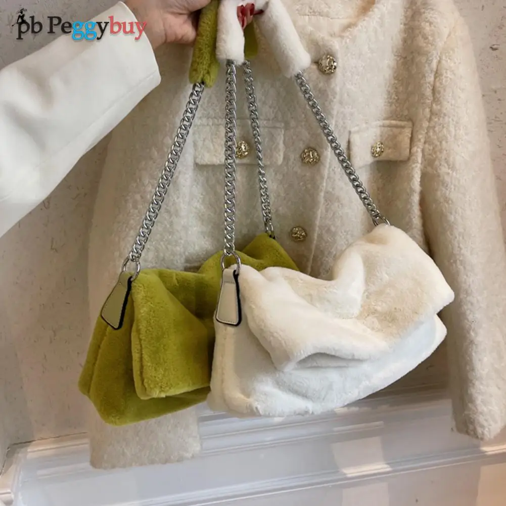

Женская плюшевая меховая однотонная сумка для подмышек, Осень-зима, Женская Повседневная сумка на плечо с клапаном и цепочкой, пушистые уни...