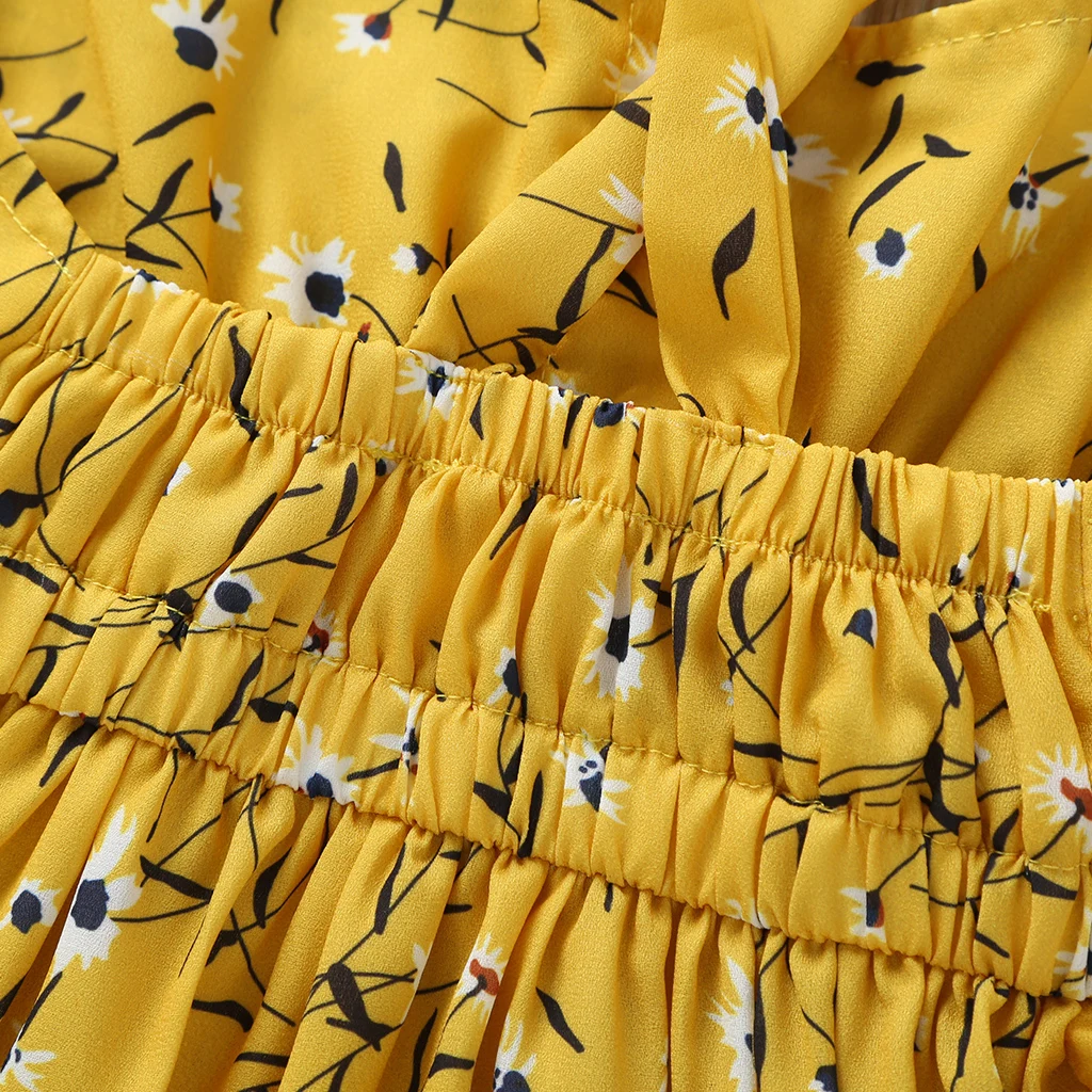 Желтое платье на подтяжках для девочек летняя детская одежда с оборками и