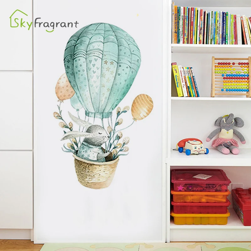 

Creative hot air balloon rabbit wall stickers bedroom decor kids room decoration cabinet door self-adhesive sticker home decor
