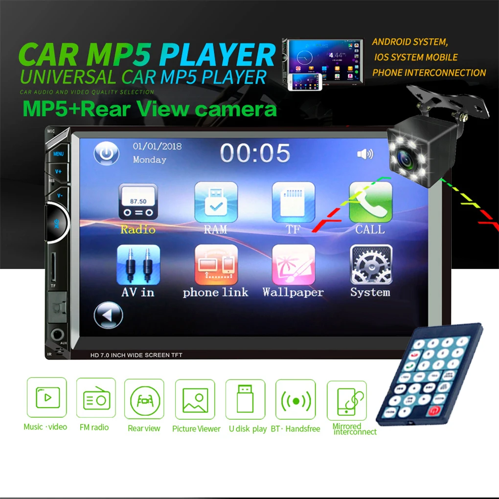 

Автомобильный mp5-плеер, 7-дюймовый Bluetooth Сенсорный экран, TF-карта, радио, поддержка автомобиля, мультимедийный плеер с камерой заднего вида