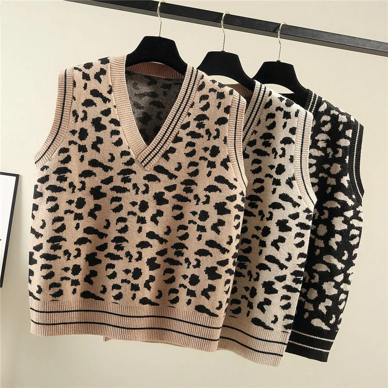 

Sweater Vest Women Korean Style Leisure Leopard V-neck Elegant Printed Knitted Jumpers Comfortable Soft Lovely All-match Thicker