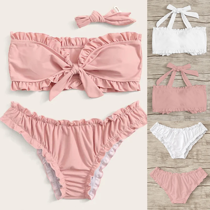 Женское бикини с узлом однотонный бандо одежда для плавания сексуальная без