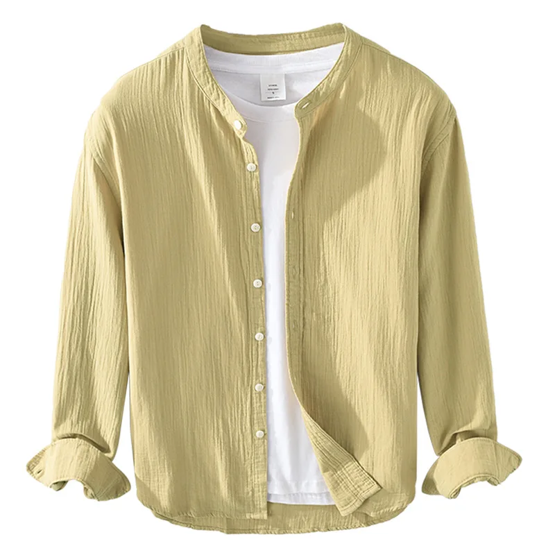 

Men Spring Autumn Fashion Solid Color Double Layer Pure Cotton Soft Casual Loose Stand Collar Thin Long Sleeve Japan Style Shirt