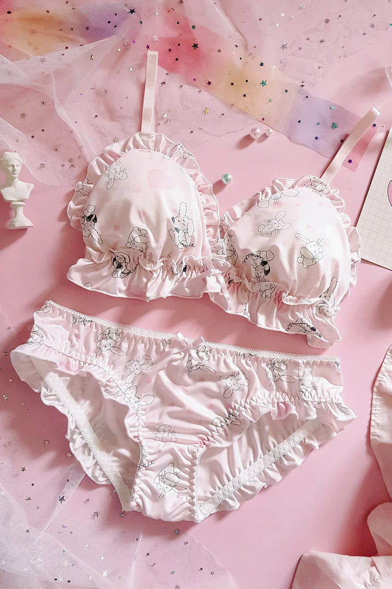 Japanese Sexy Star Pattern Wire Free Teenager Lingerie Style Small Cotton Bras with Thin Pad for Girls Chiffon Bra and Panty Set | Женская